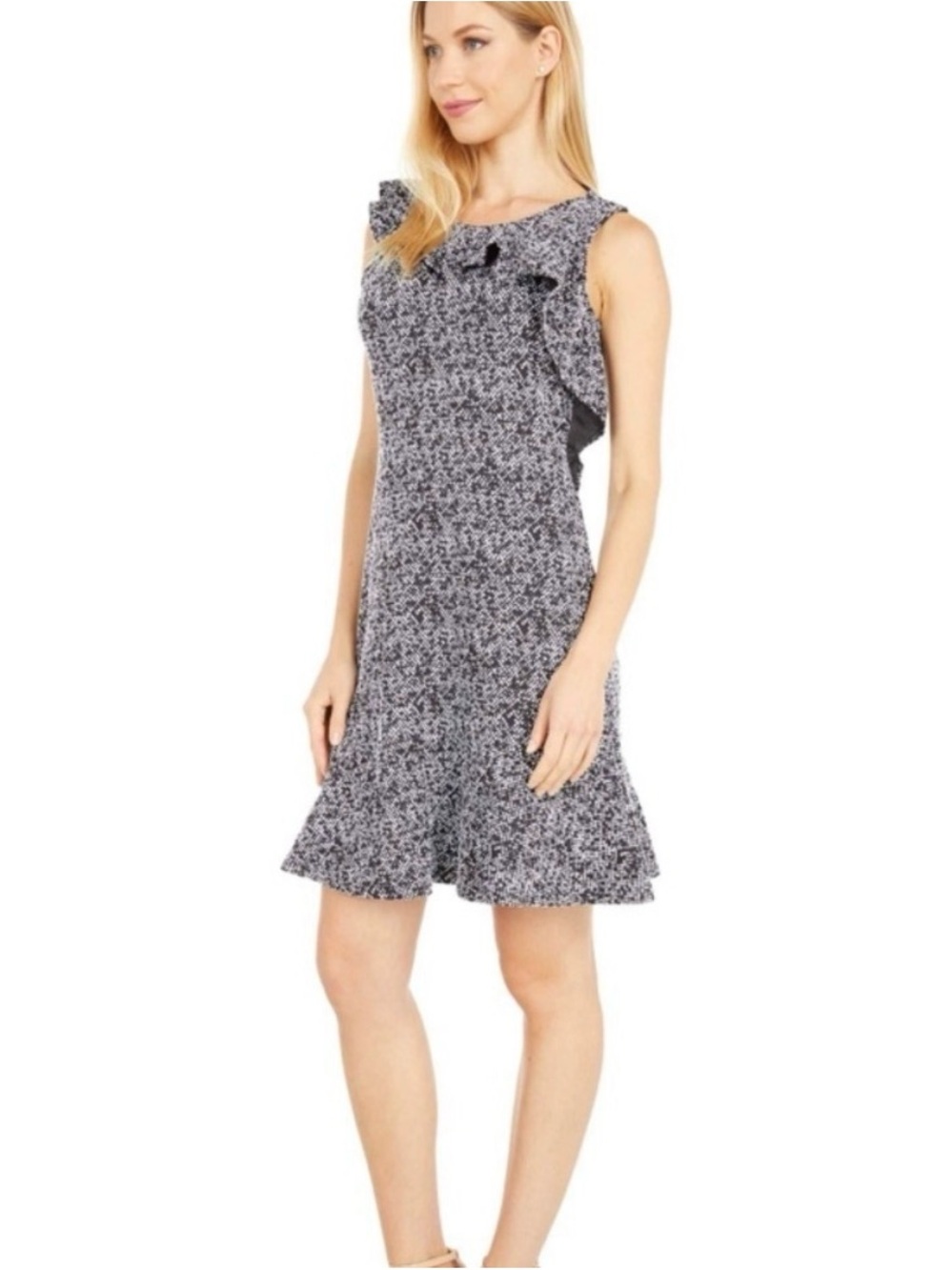 Michael Kors Sleeveless Ruffle Hem Floral Shift Dress in Black and White